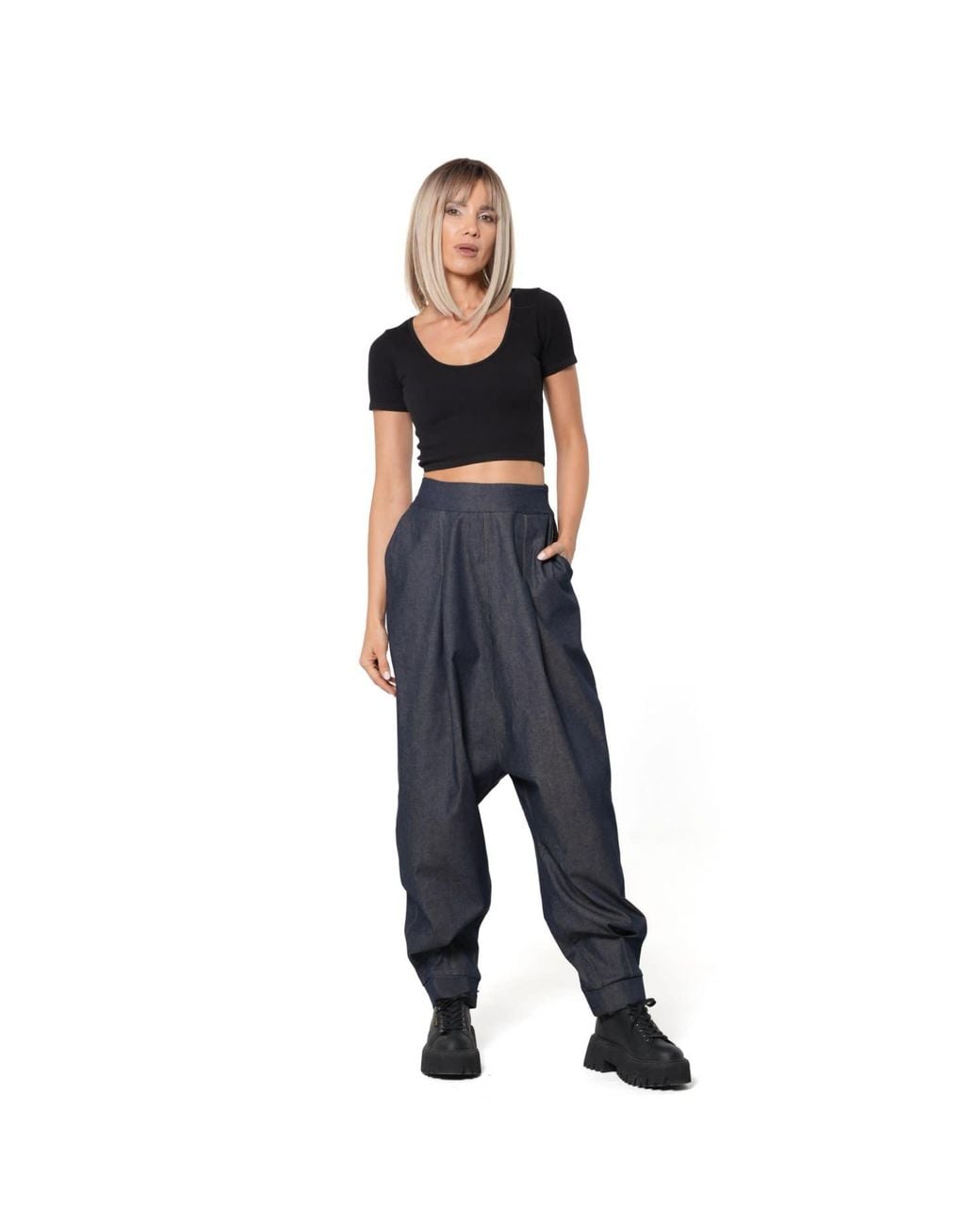 Metamorph Blue Drop Crotch Denim Trousers With Pleats And Elastic Waist
