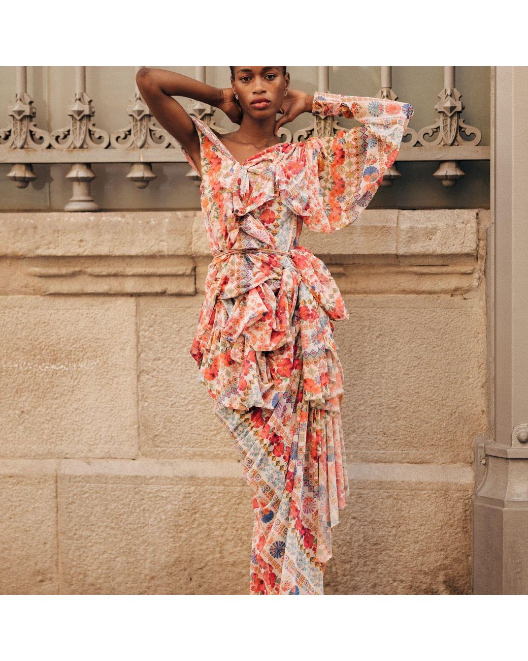 Miro Misljen Pink Jardin Draped One-Shoulder Gown