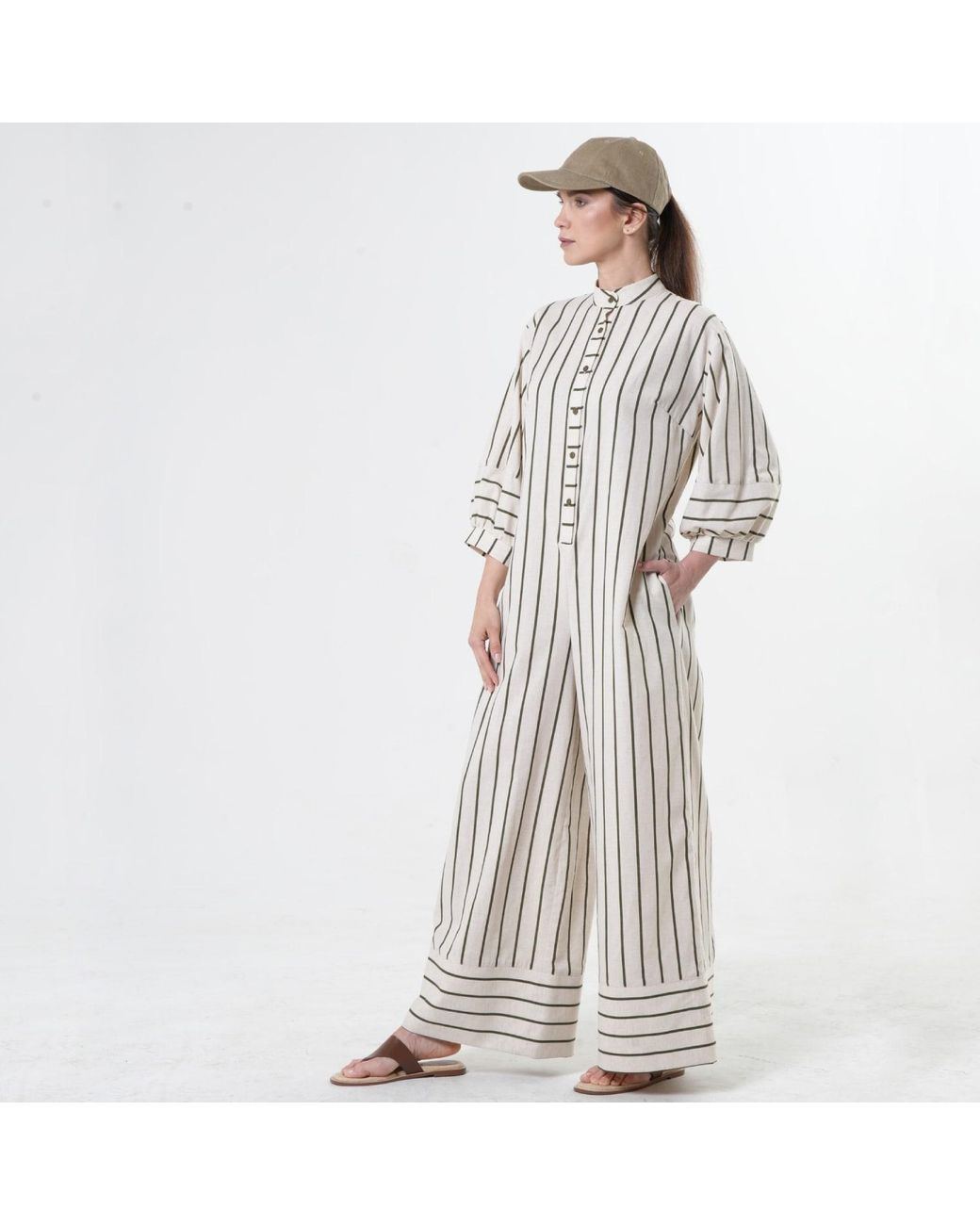 Metamorph White Maxi Jumpsuit On Khaki Stripes