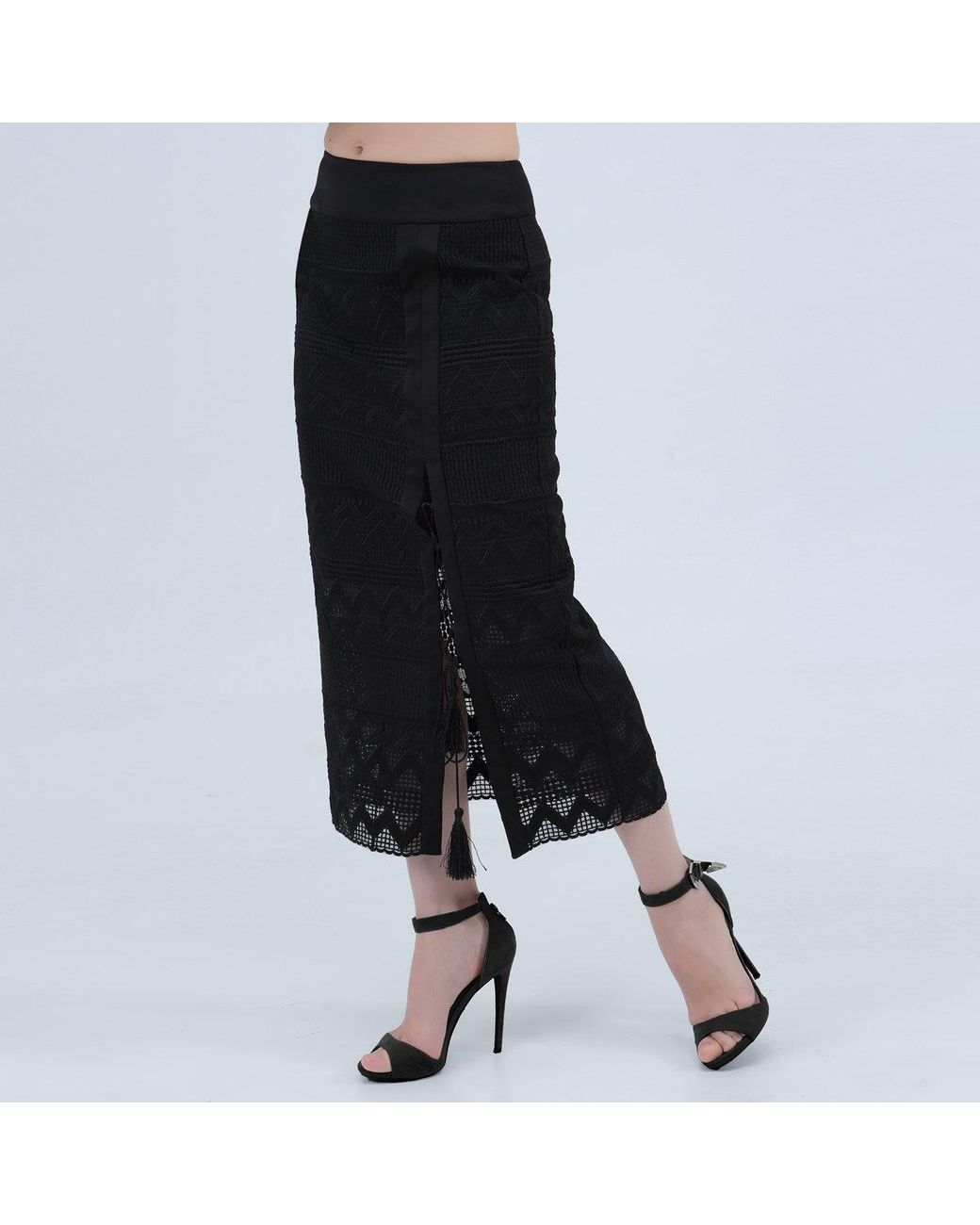 Smart and Joy Black Geometrical Lace Midi Skirt