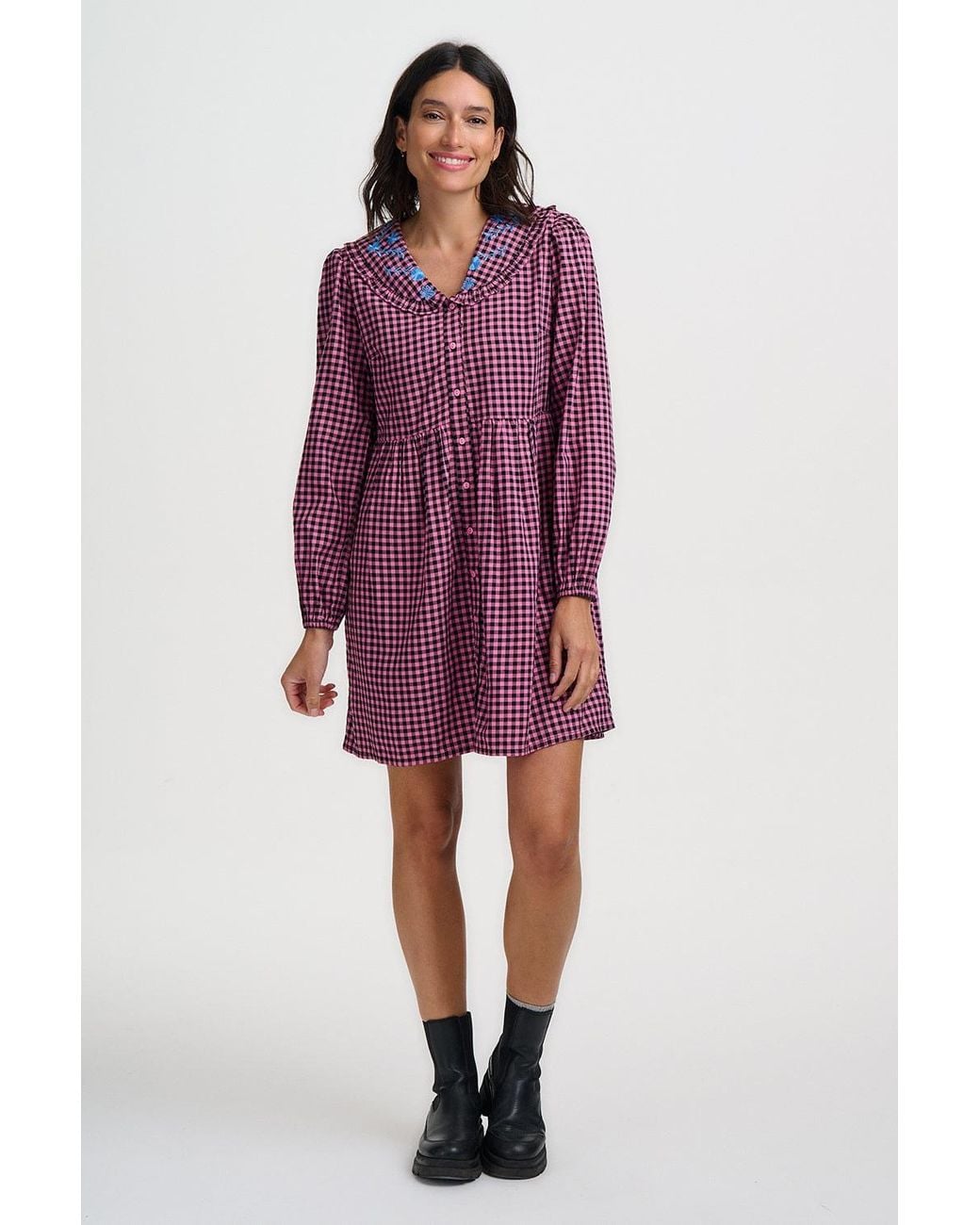 Sugarhill Red Ondrea Short Smock Dress Rose Gingham Floral Embroidery