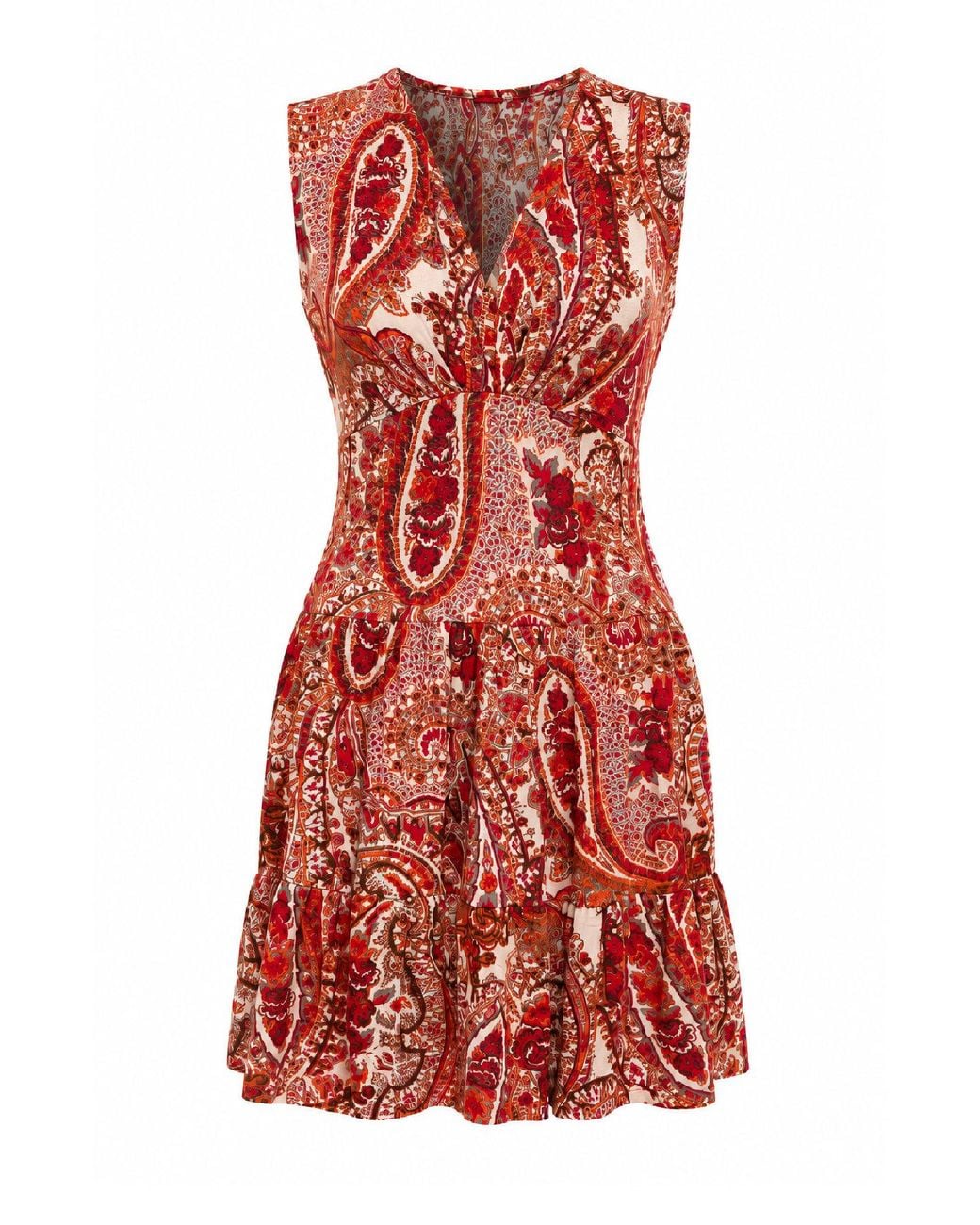 Conquista Paisley Print Tiered Mini Dress