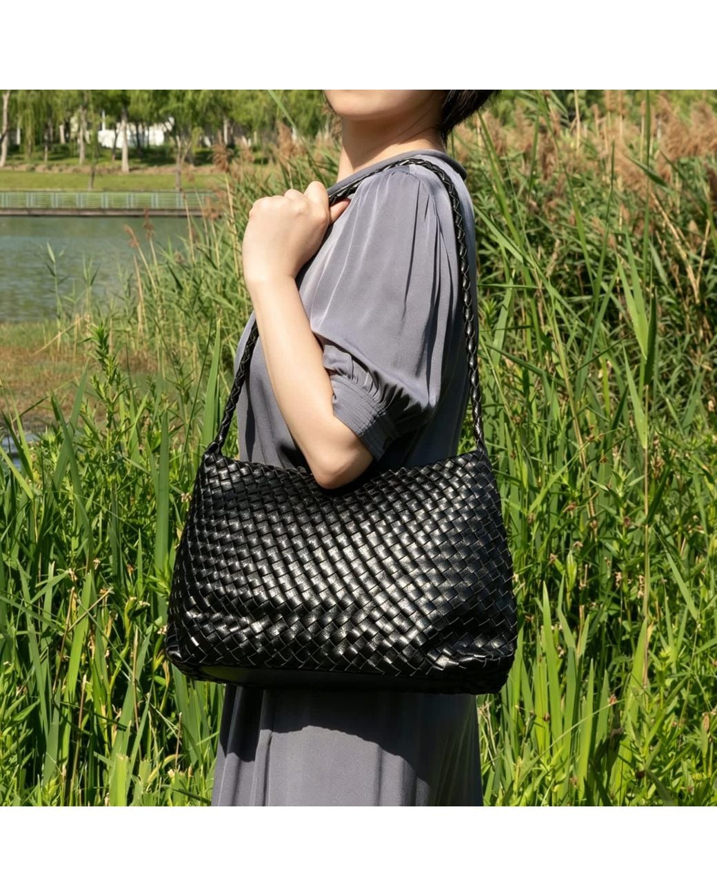 Rimini Black Hand Weaving Vegan Leather Shoulder Bag 'Suzy'