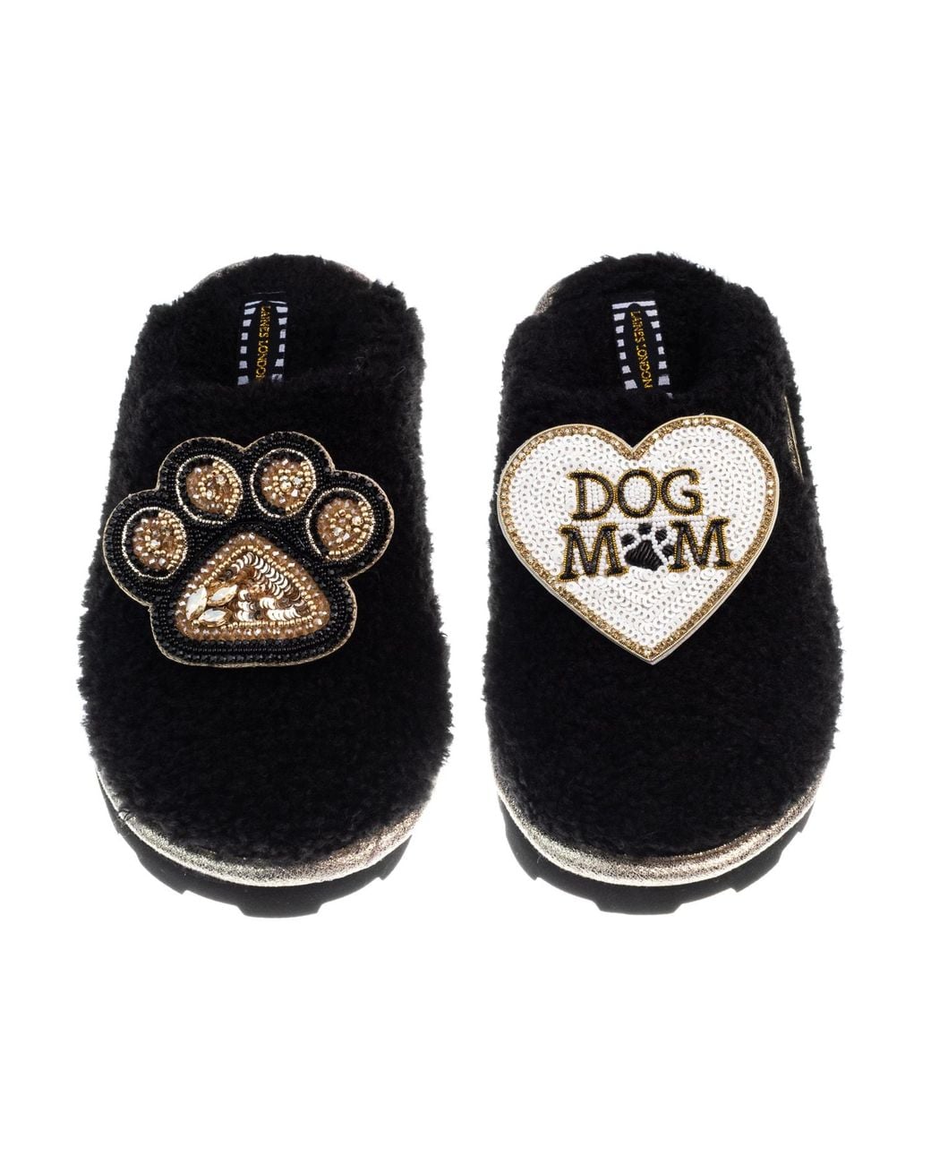 Laines London Black Teddy Closed Toe Slippers With Dog Mum Mom & Paw Brooches
