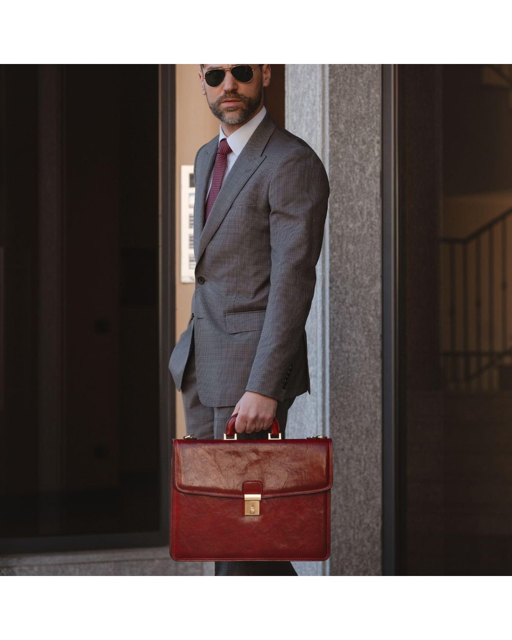 Time Resistance Red Leather Briefcase for men