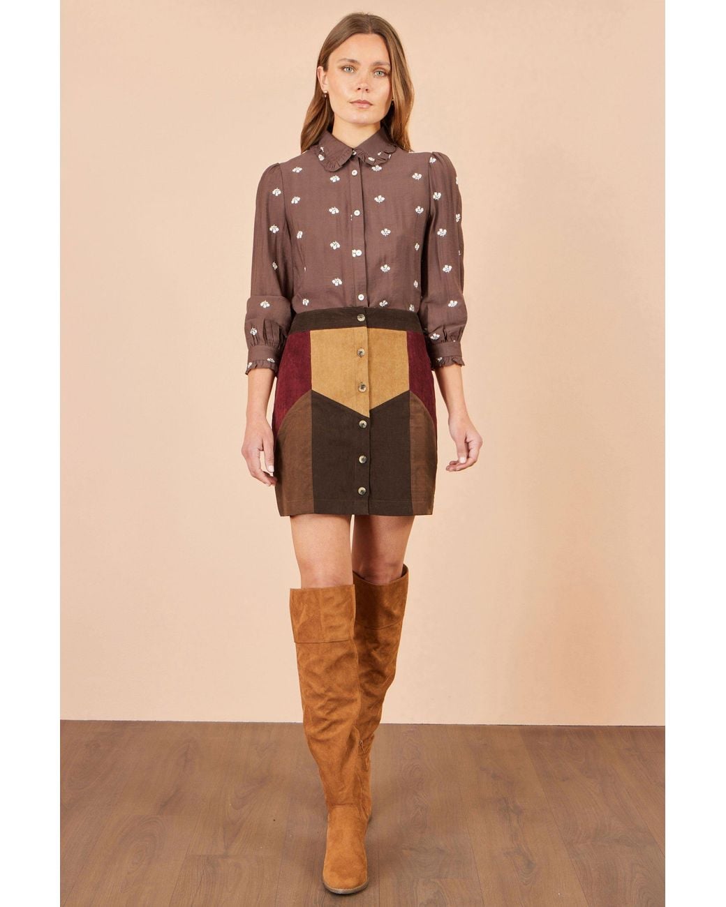 Yumi' Brown Multicolour Patchwork Cord Mini Skirt