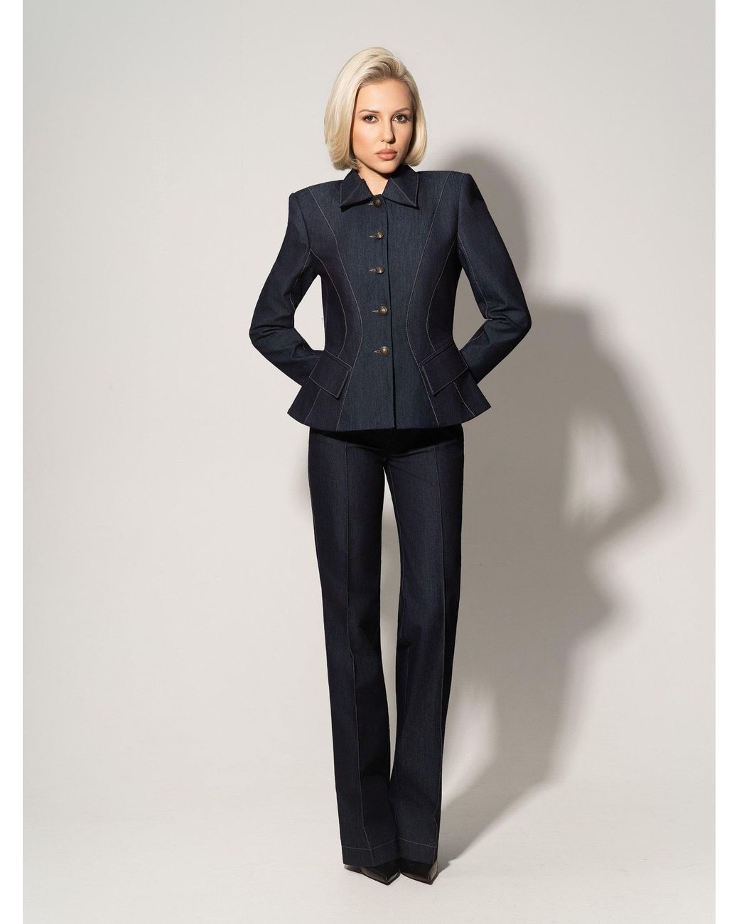 Tia Dorraine Blue Hourglass Denim Blazer Jacket – Dark