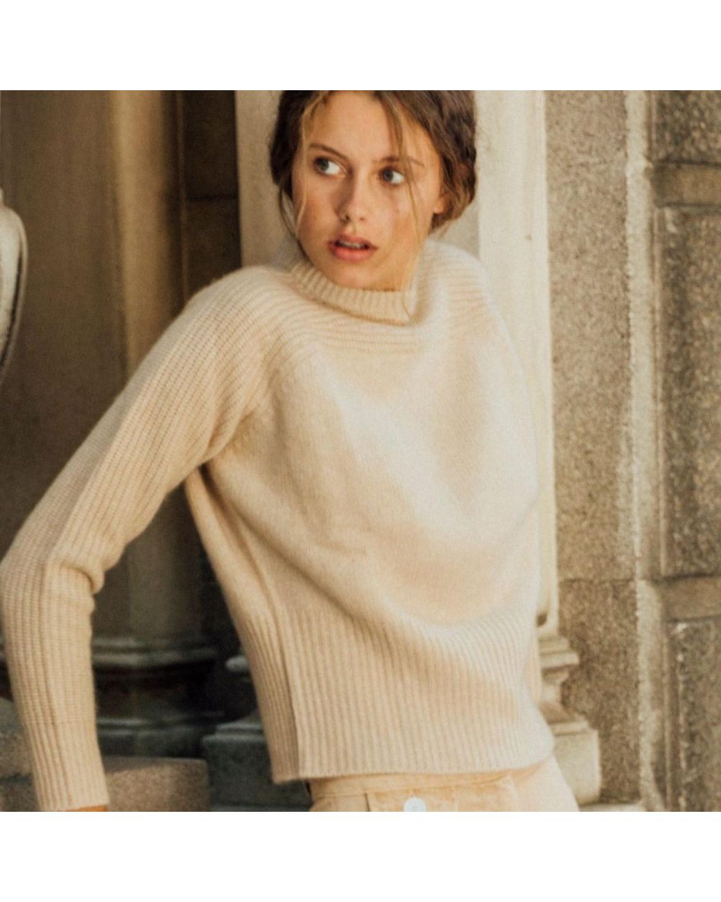 Bel Cashmere Gray Neutrals Ribbed Sleeves Organic Cashmere Sweater