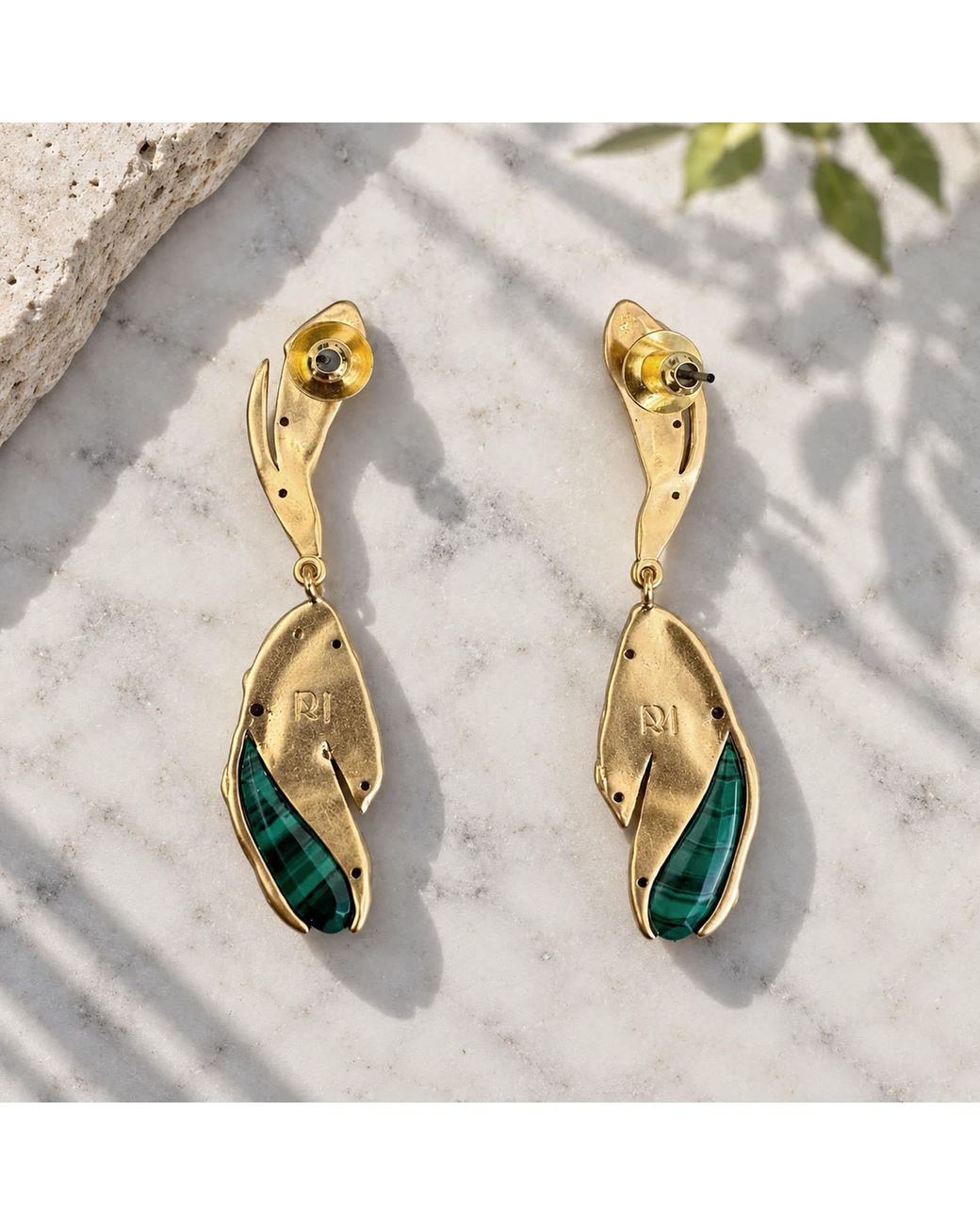 Rare Matters Jewelry Metallic Sculptural Malachite Leaf Drop Cz Organic Earrings