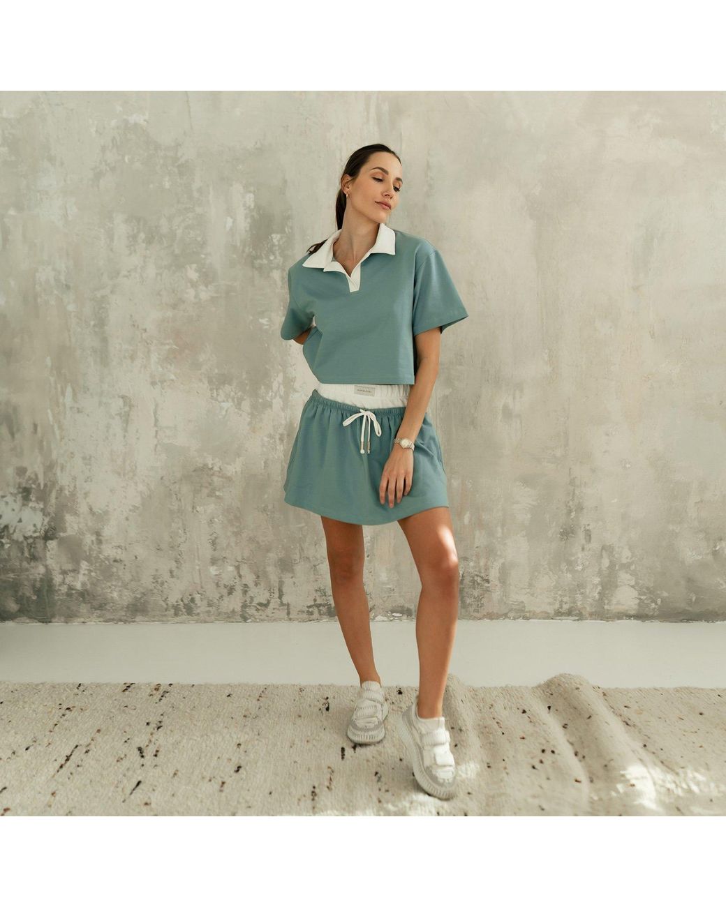 Mandragora Blue Sage Cotton Skirt With Contrasting Fabrics – Goia