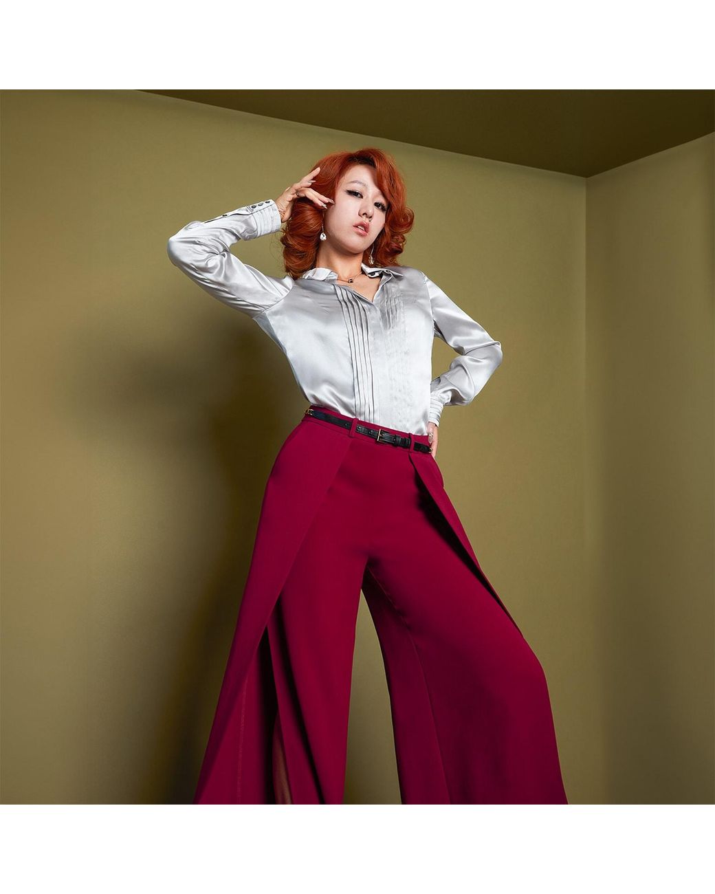 Solgo Atelier Red Dina Wide Leg Crepe Pant