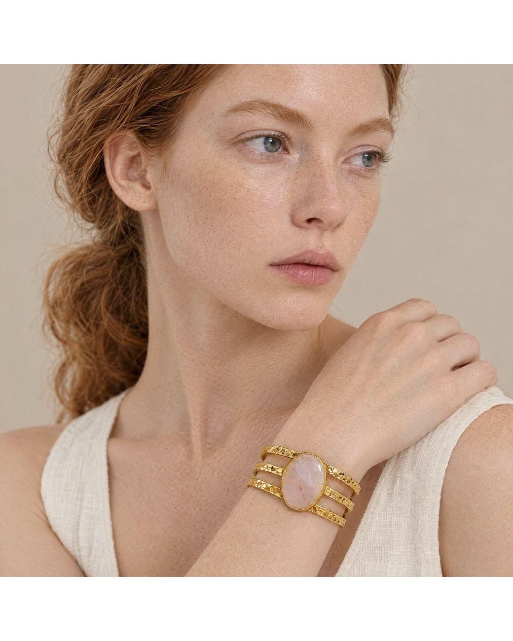 Saéa Yellow Blush Rose Quartz Hammered Triple Band Cuff Bracelet