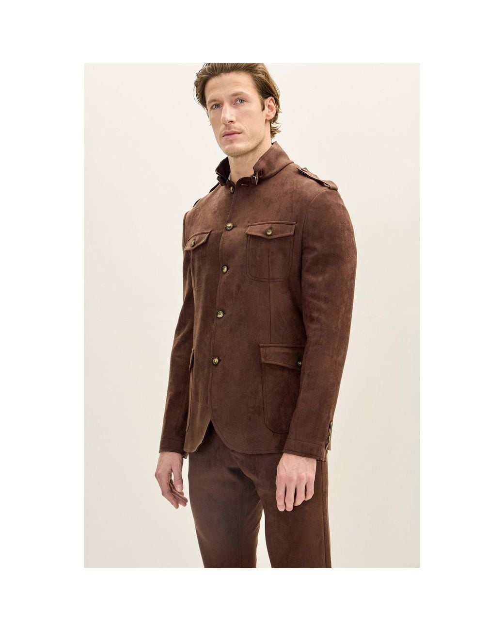 Ron Tomson Brown Microsuede Lightweight Safari Jacket for men