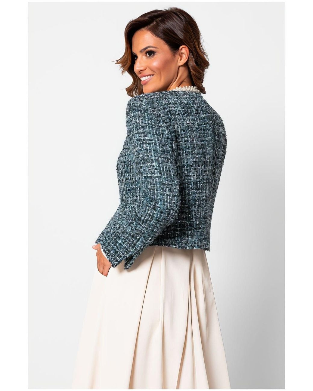 Luna Fashion House Blue Tweed Blazer With Pearl Trim, Rhea
