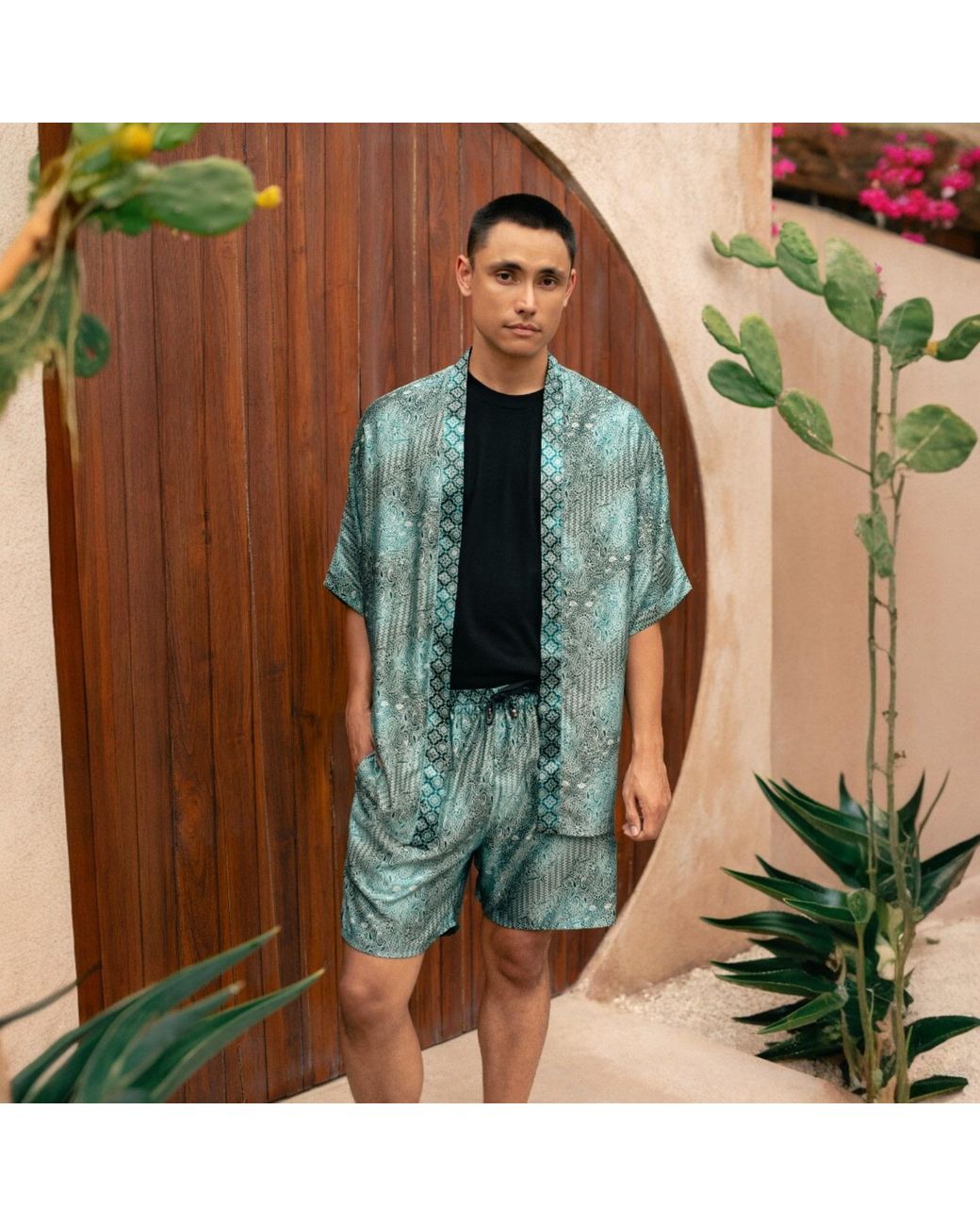 ORIGIN OF HEARTS Green Blu Satin Kimono Cardigan For Elevated Layering for men