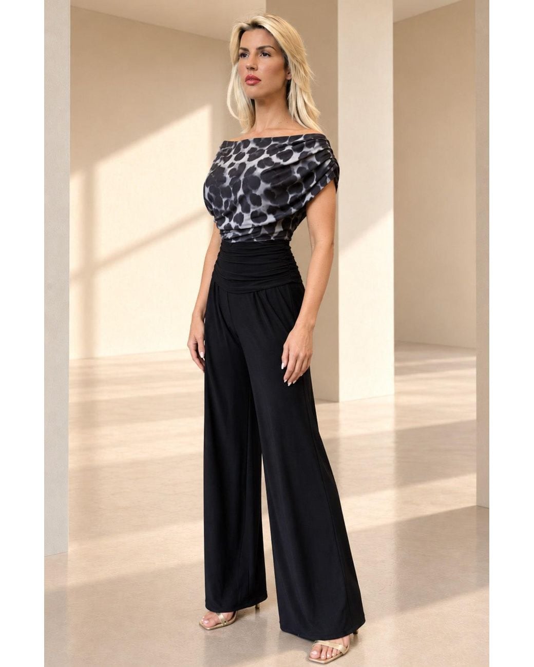 Atom Label Black Carbon Bardot Wide Leg Jumpsuit