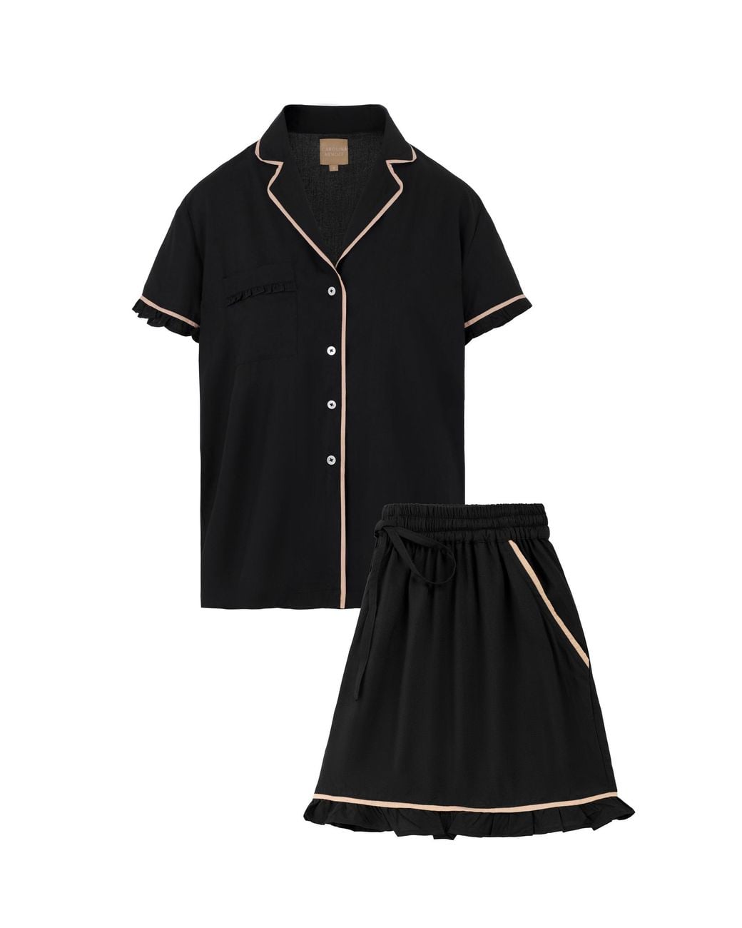Carolina Benoit Black Luxury Short Pajama With Ruffles With