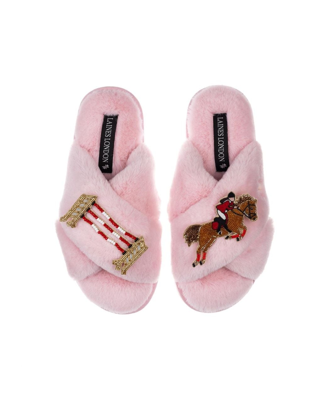 Laines London Pink Classic Laines Slippers With Show Jump Horse Brooches