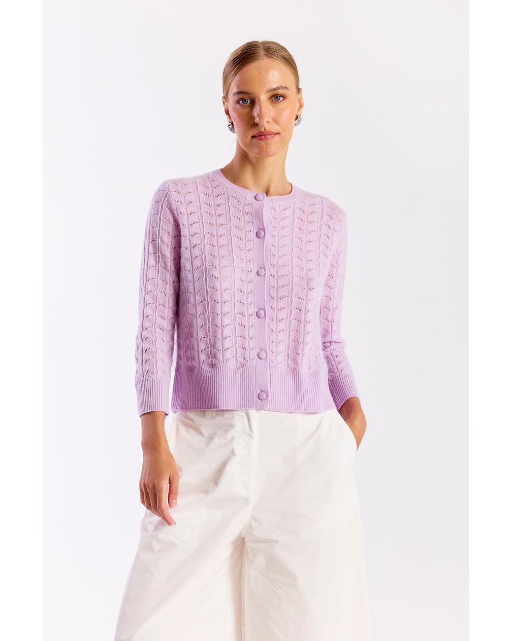 Brodie Cashmere Purple Shell Pointelle Cashmere Cardigan