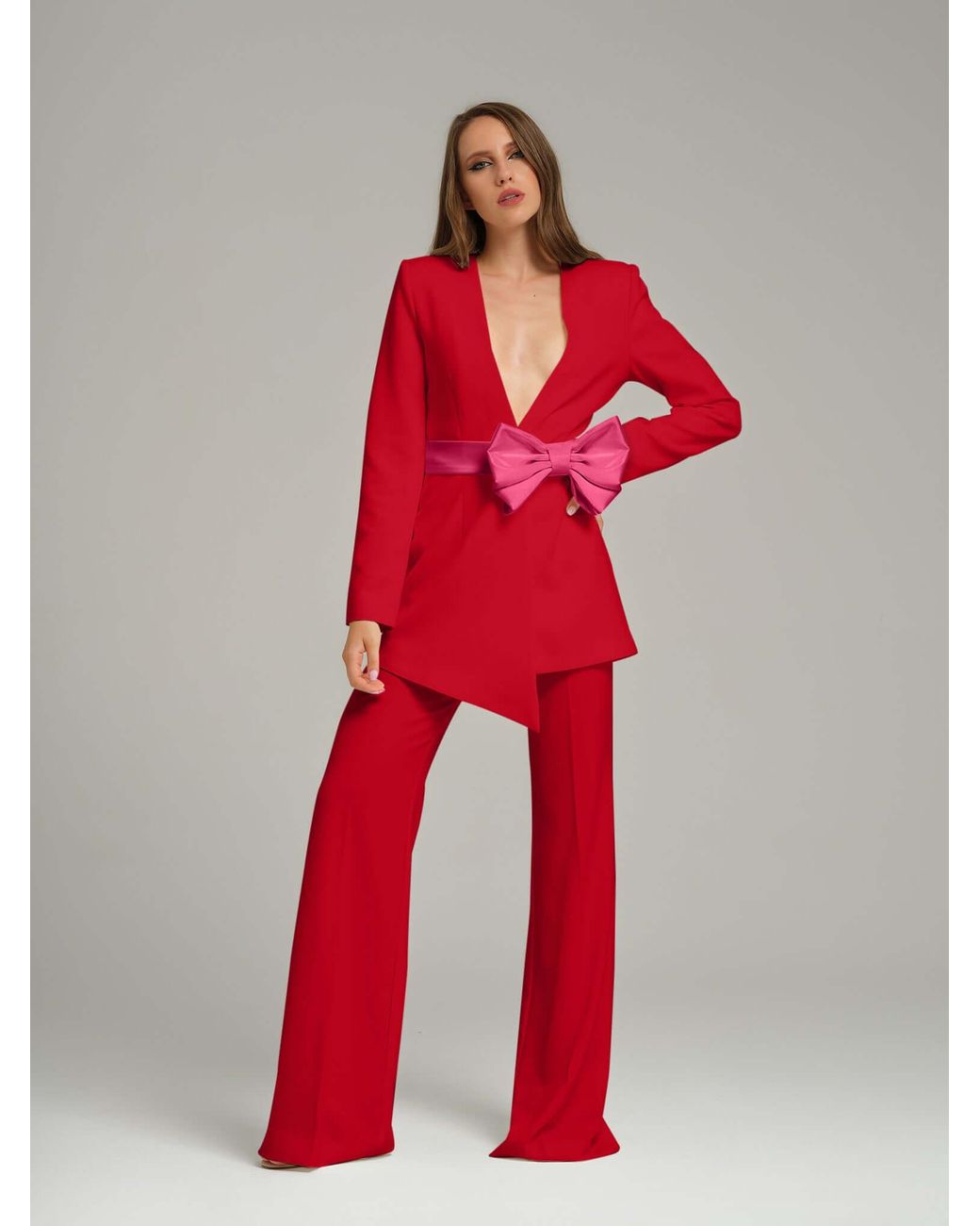 Tia Dorraine Red Pearl Blazer With Detachable Bow Belt