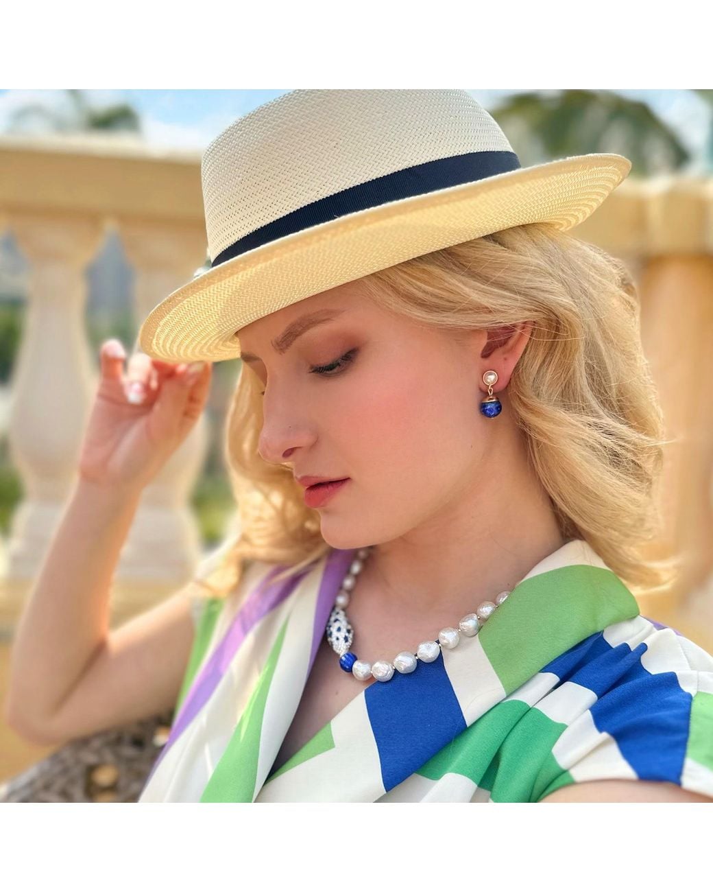 Farra Metallic Irregular Freshwater Pearls With Lapis Rhinestone Statement Necklace