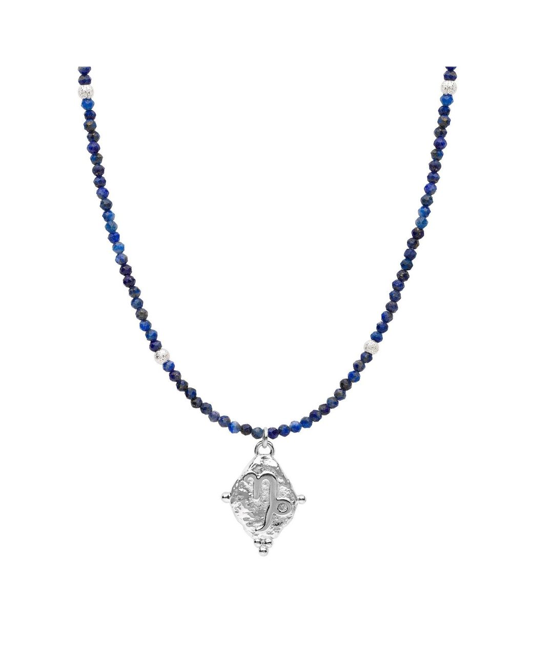 Seven Saints Metallic Capricorn Gemstone Choker Necklace, Lapis Lazuli, Rhodium Plated