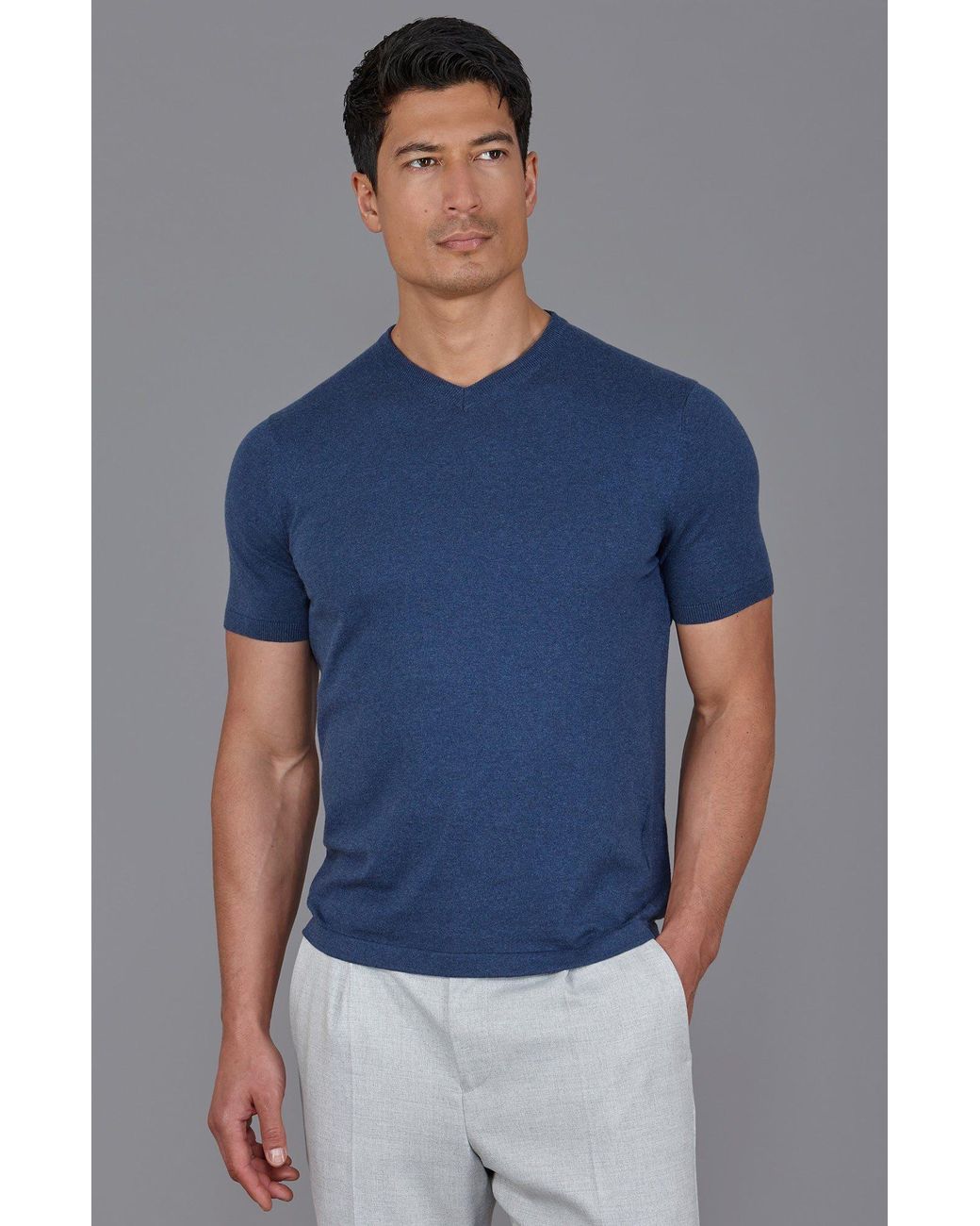 Paul James Knitwear Blue Ultra Fine Cotton Hudson High V Neck Knitted T-Shirt for men