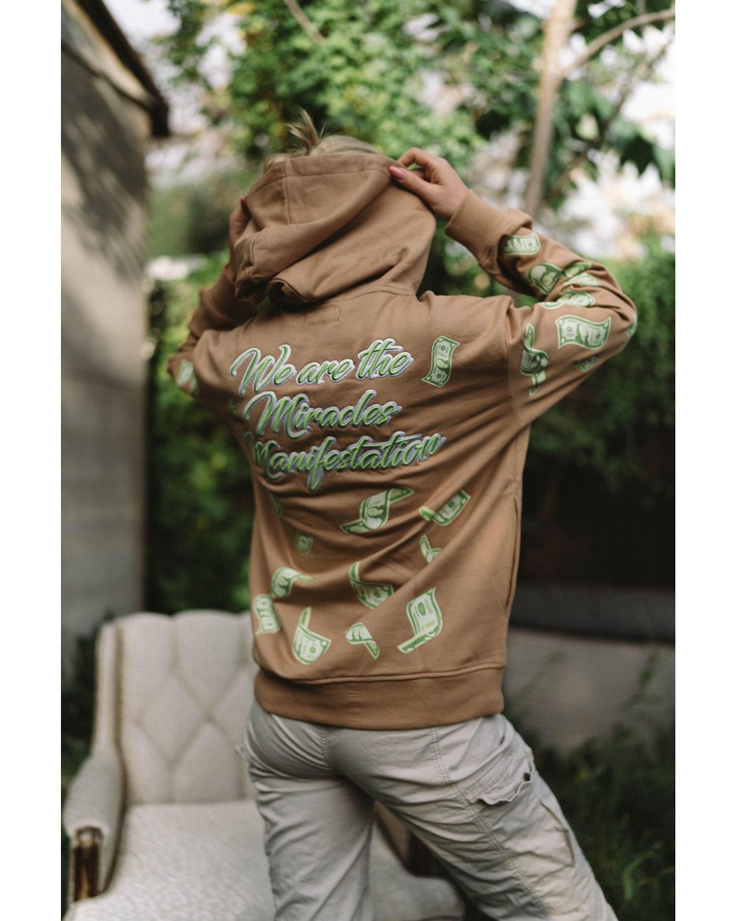Miracles Manifester Gray Manifestation Embroidered Hoodie With Rhinestone Design