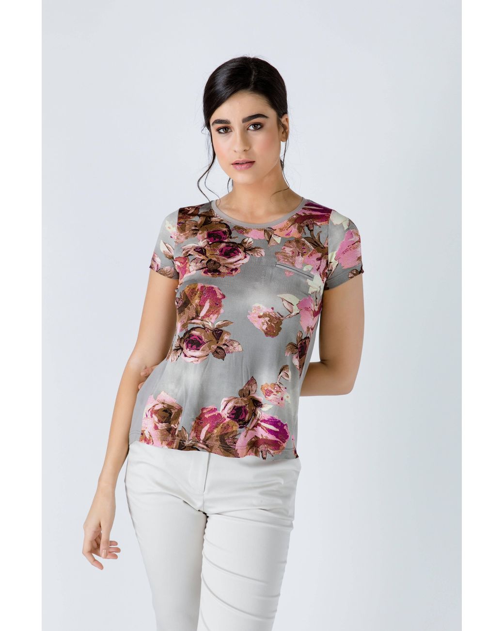 Conquista Brown Short Sleeve Floral Top
