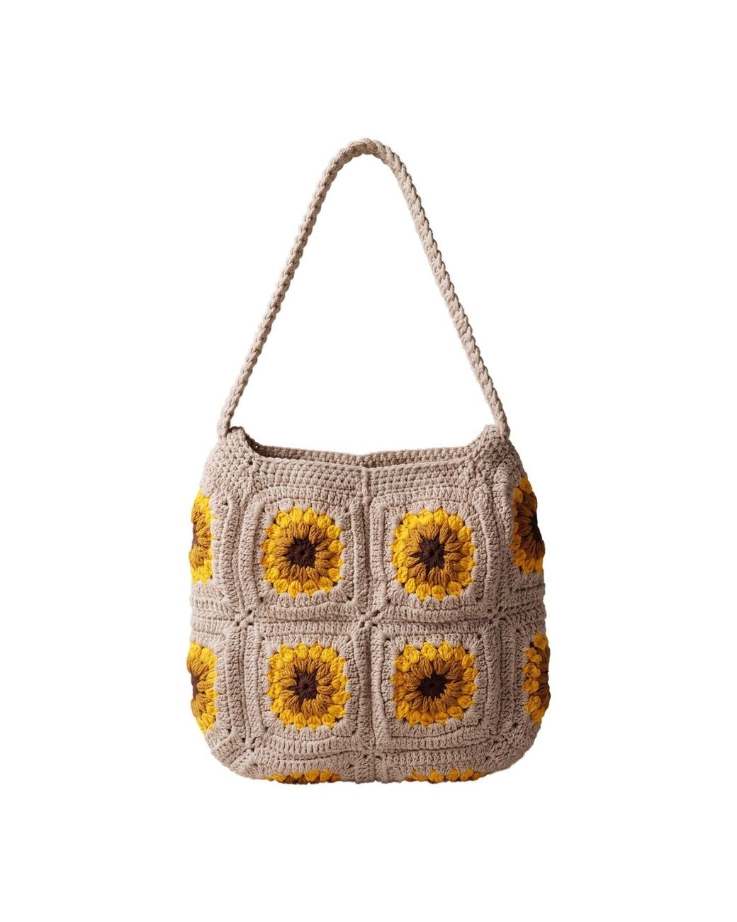 Ana Chic Brown Neutrals Oatmeal Sunflower Handmade Crochet Shoulder Bag