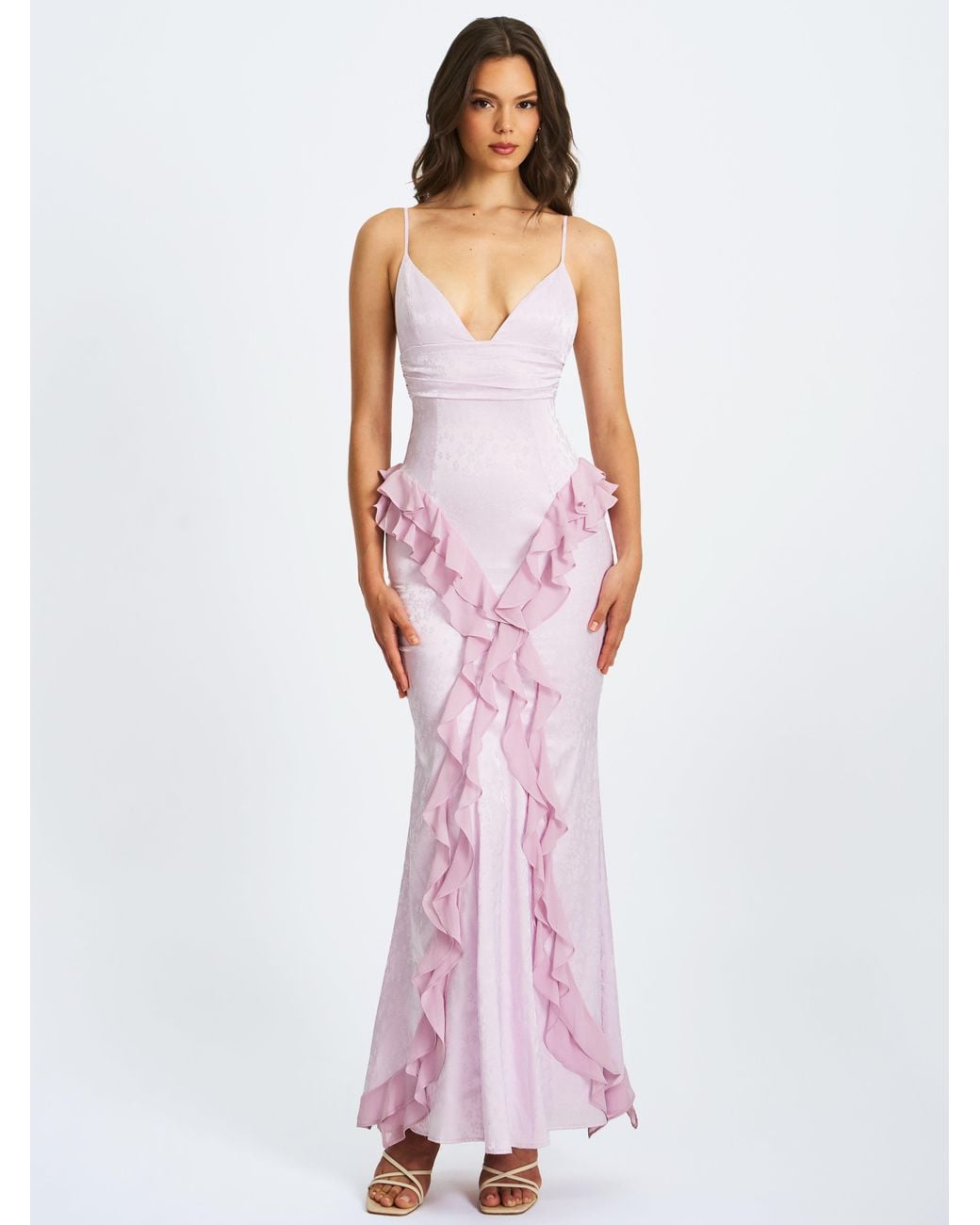 Miss Circle New York Purple Paolina Taro Jacquard Ruffle Mermaid Maxi Dress