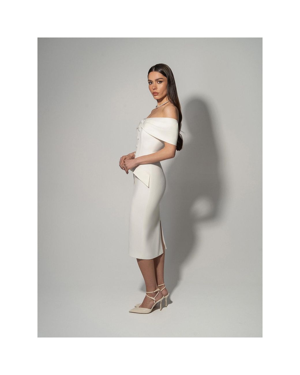 Tia Dorraine White Steel Confidence Off-Shoulder Midi Dress