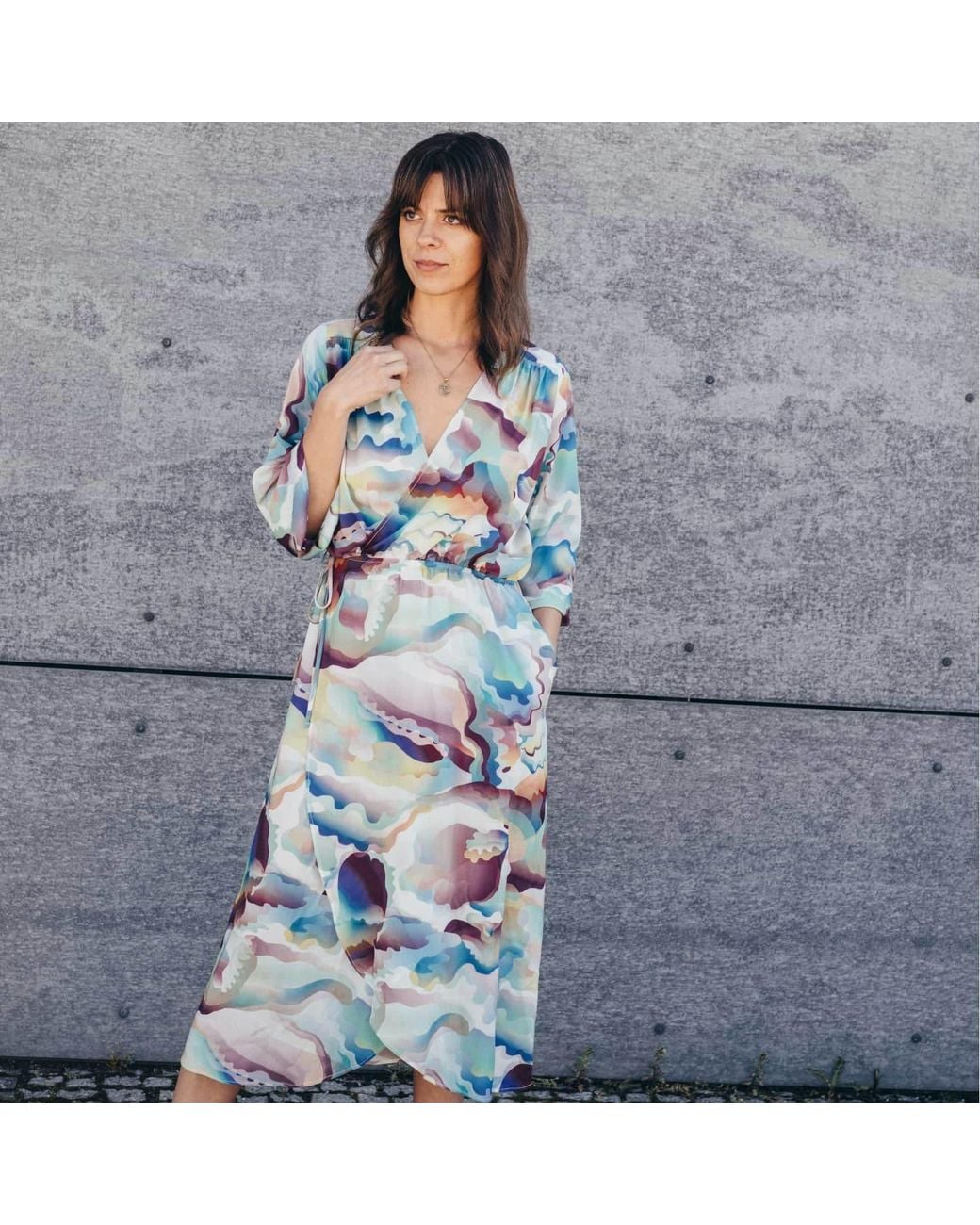 Oh!Zuza Blue Neutrals Echo Lightweight Midi Wrap Dress With Pockets