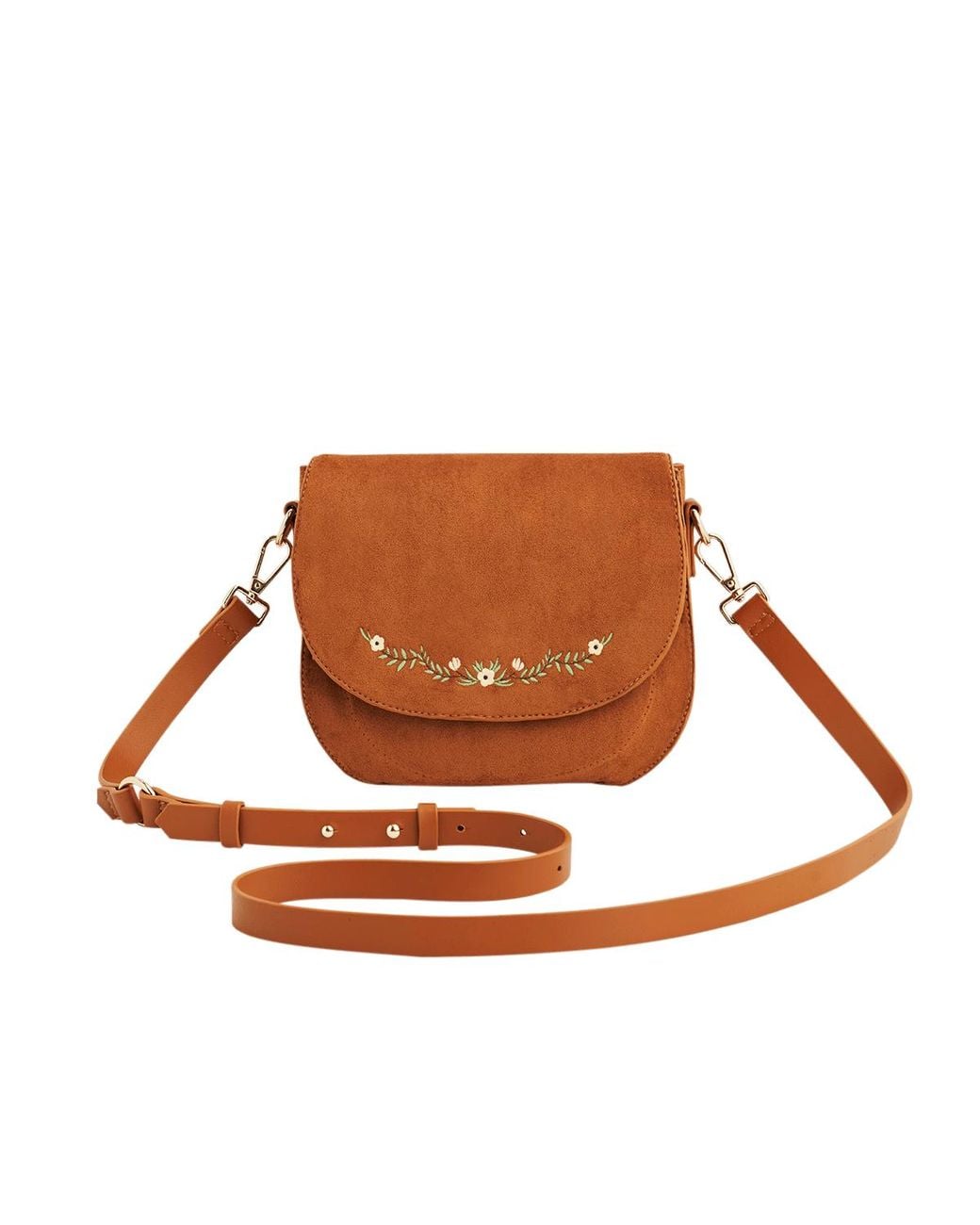 Fable England Brown Tan Floral Faux Suede Embroidered Saddle Bag