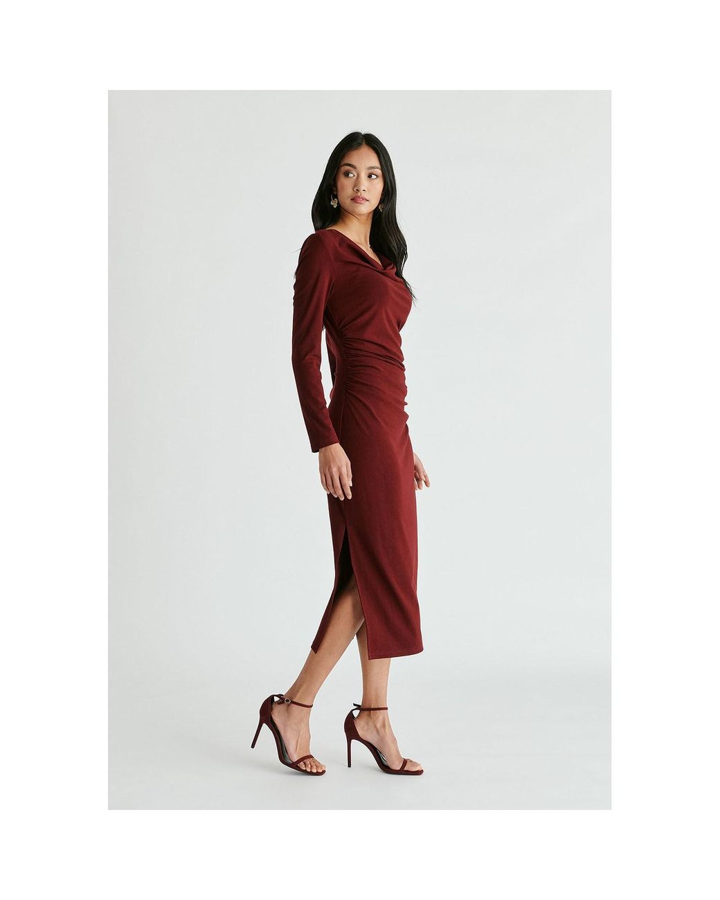 Paisie Red Ruched Jersey Dress With Draped Neck