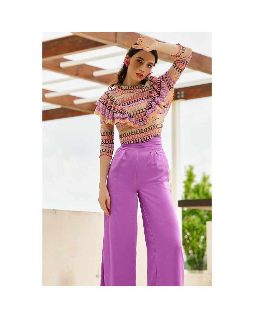 AVENUE No.29 Pink Sheer Stripe Lace Ruffle Blouse