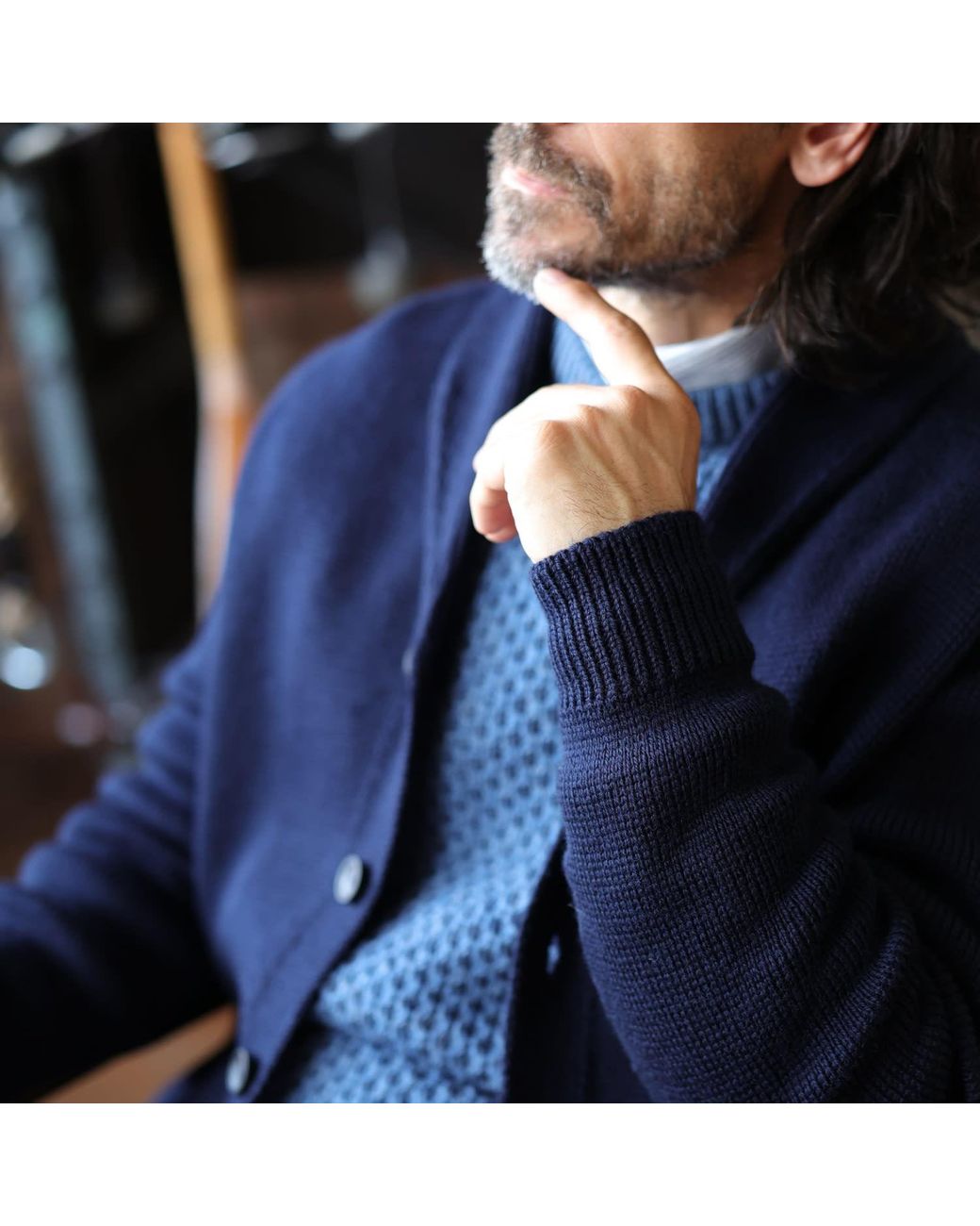 Paul James Knitwear Blue Chunky Merino Wool Marello Shawl Collar Cardigan for men