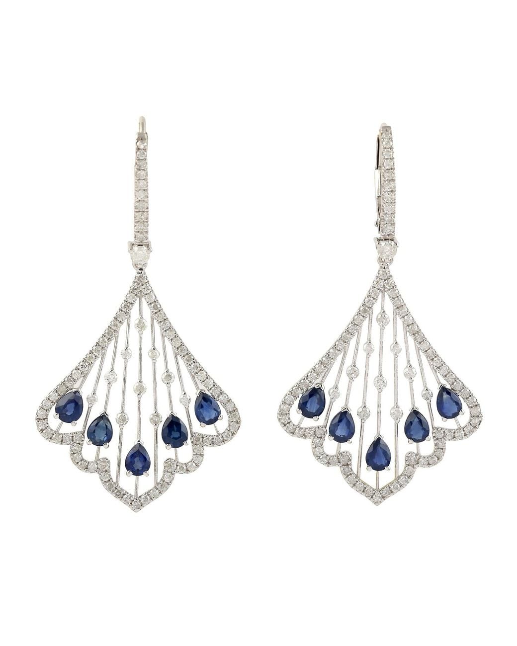 Artisan Handmade 18k White Gold Pave Diamond Blue Sapphire Dangle Earrings Jewelry