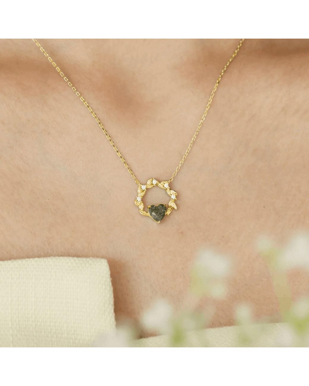 Azura Jewelry New York Metallic Heart Desire Moss Agate Vermeil Necklace