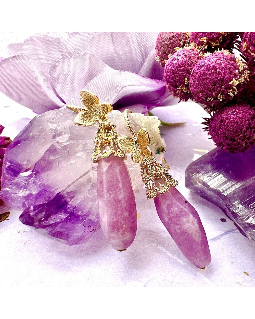 Farra Purple Teardrop Orchid Gemstone With Butterfly Hook Earrings