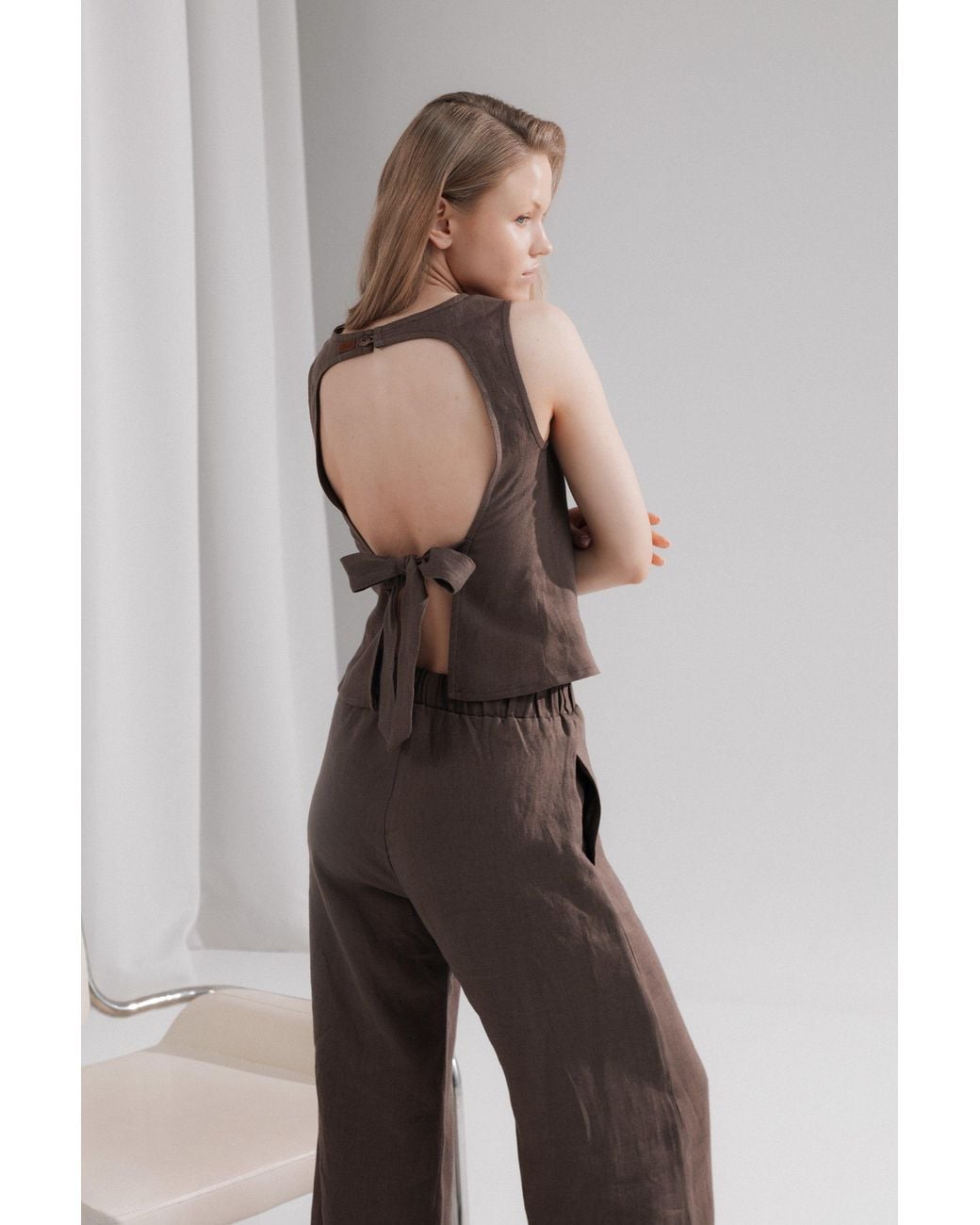 Idyllo Brown Linen Open Back Top With Tie
