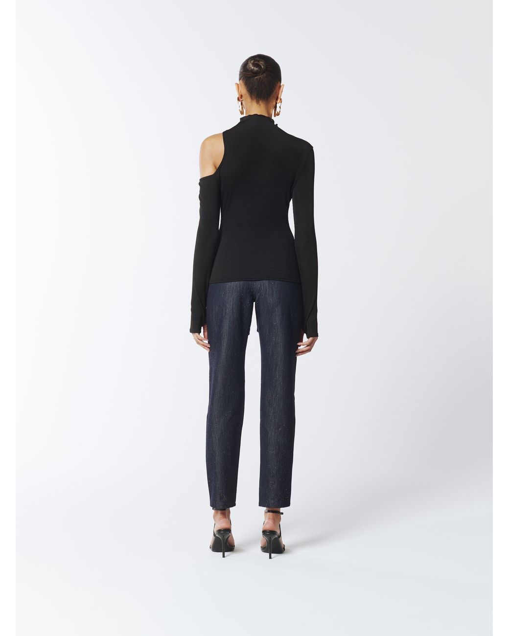 Sour Figs Black Asymmetric One-Shoulder Cutout Turtleneck Knit Top
