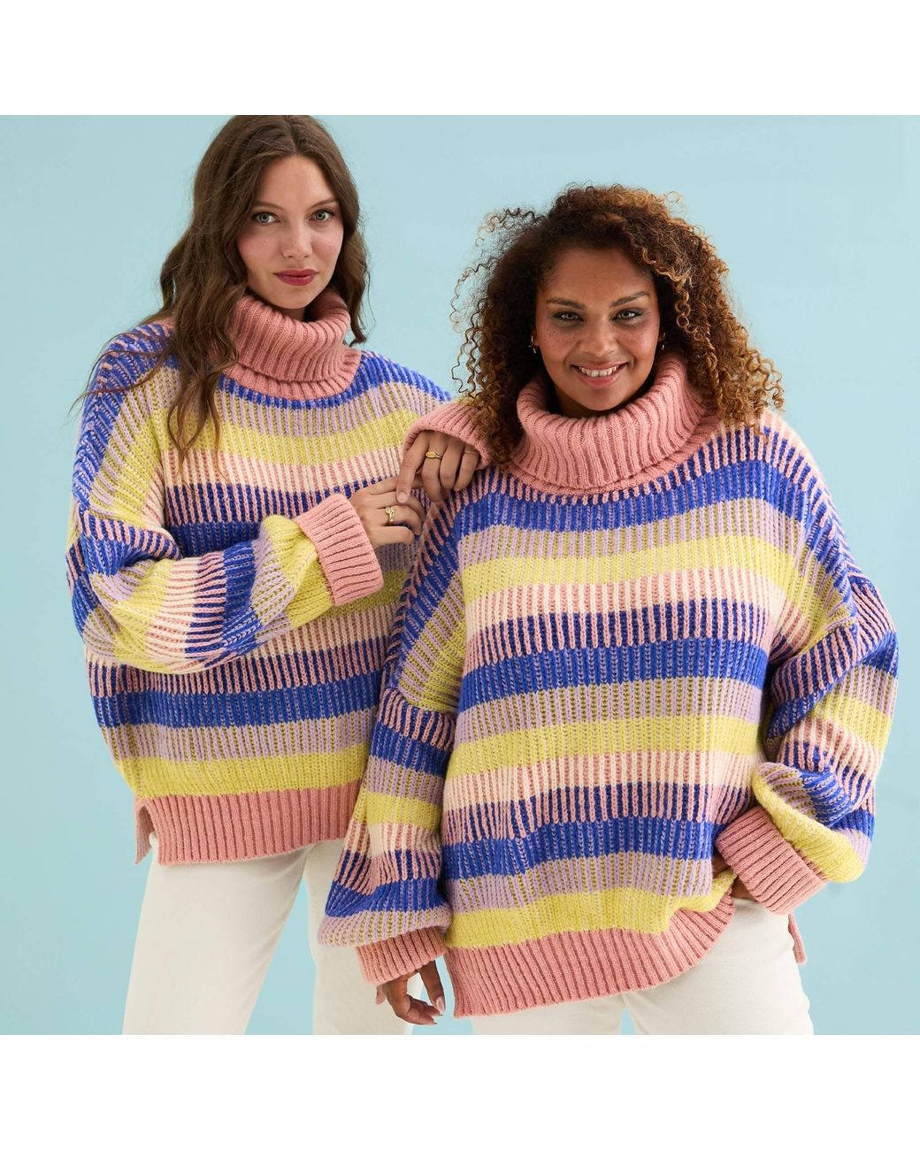 Cara & The Sky Blue Tasha Oversized Balloon Sleeve Stripe Roll Neck Jumper