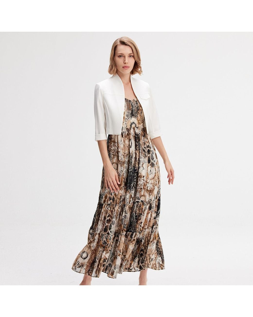 Smart and Joy Multicolor Neutrals Bustier Chiffon Maxi Dress With Abstract Floral Print
