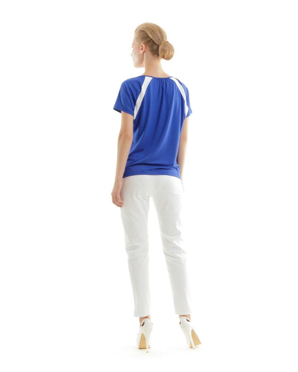 Conquista Blue Contrast Panel Tie-Detail Top With Short Sleeves
