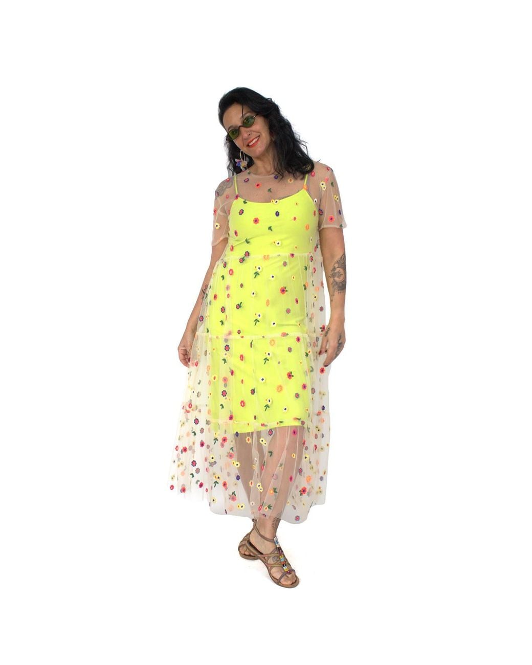 Lalipop Design Yellow Fluorescent Dress With Flower Embroidered Tulle