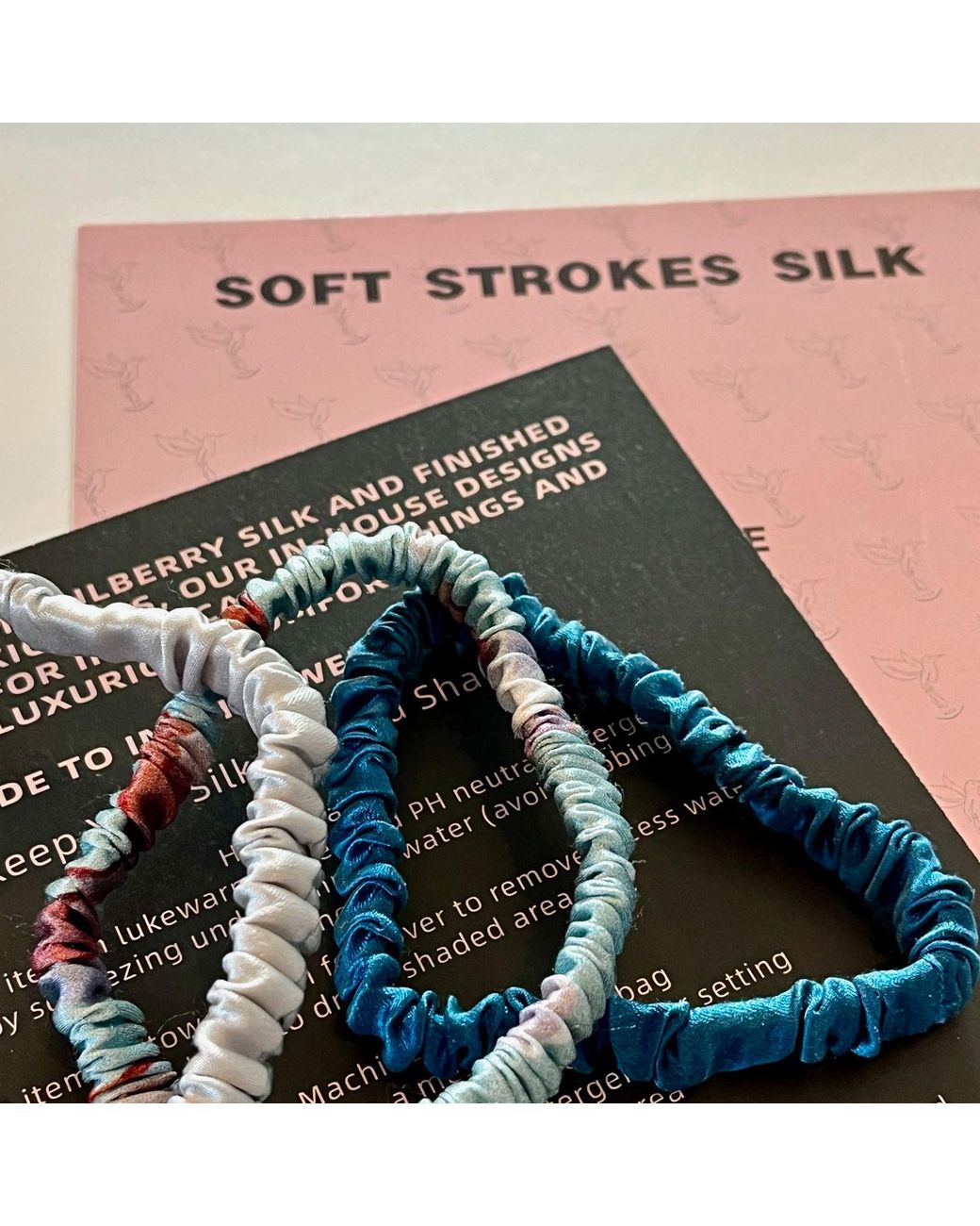 Soft Strokes Silk Blue Set Of Three Pure Mulberry Silk Skinny Scrunchies Weekly Special Hair Ties Coastal Garden Paradise