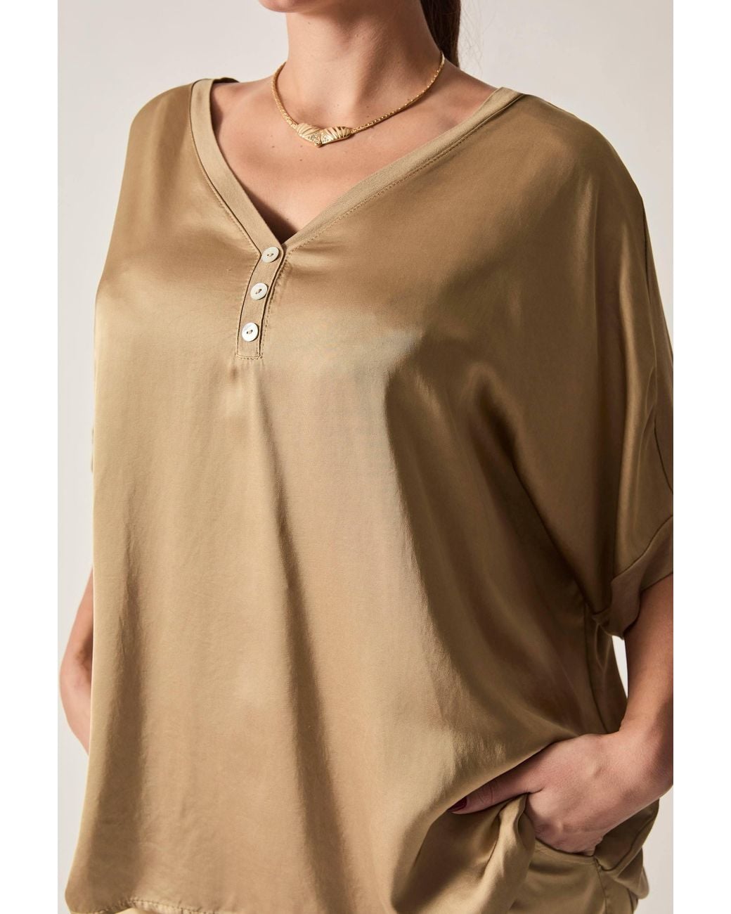 James Lakeland Natural Neutrals Camel Button Detail Relaxed Fit Top