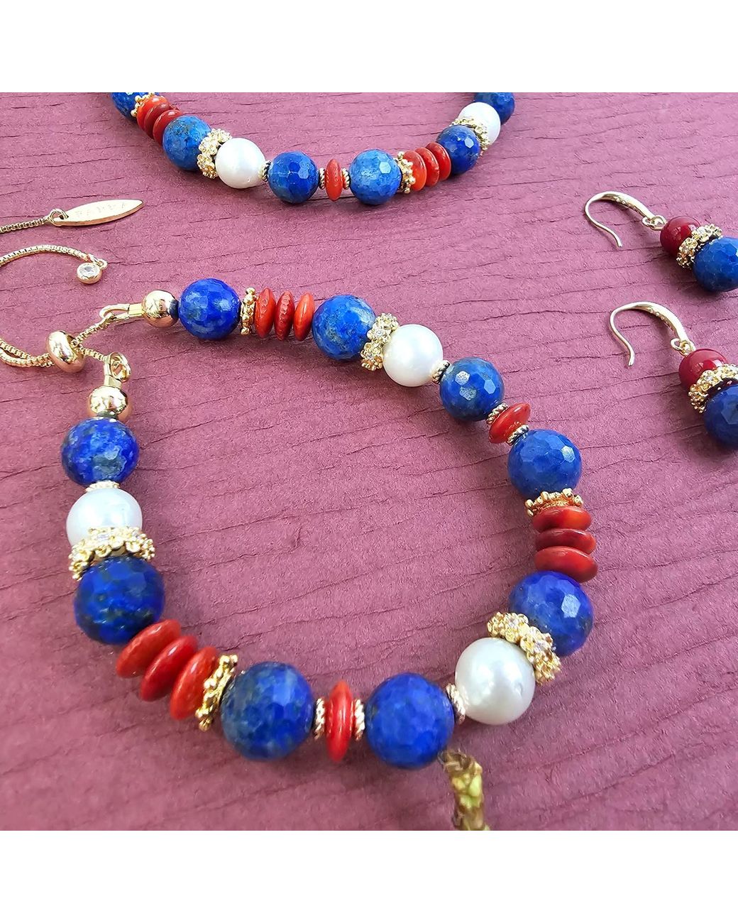 Farra Blue Lapis Bamboo Coral And Pearl Adjustable Slider Bracelet