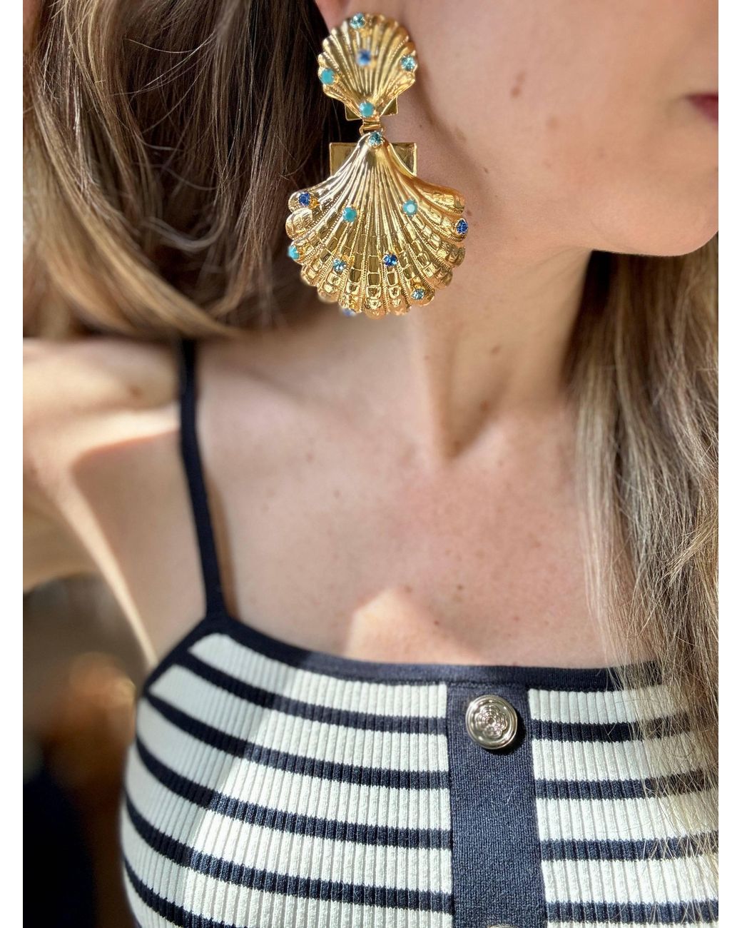 Laura Gray Green Crystal Double Shell Earrings
